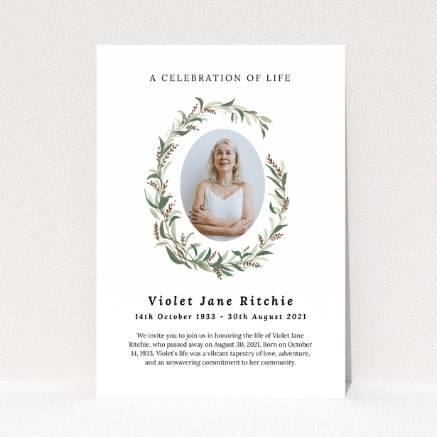 Funeral announcement with one photo and floral design elements commemorating Violet Jane Ritchie.