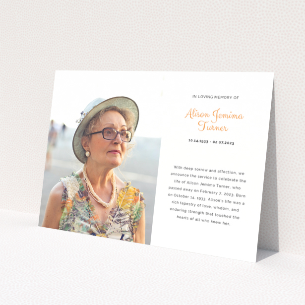 Funeral announcement design with one photo of an elderly woman wearing a hat