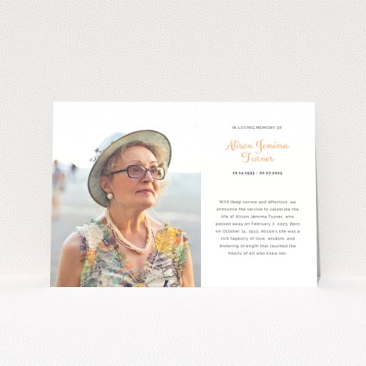 Funeral announcement design with one photo of an elderly woman wearing a hat