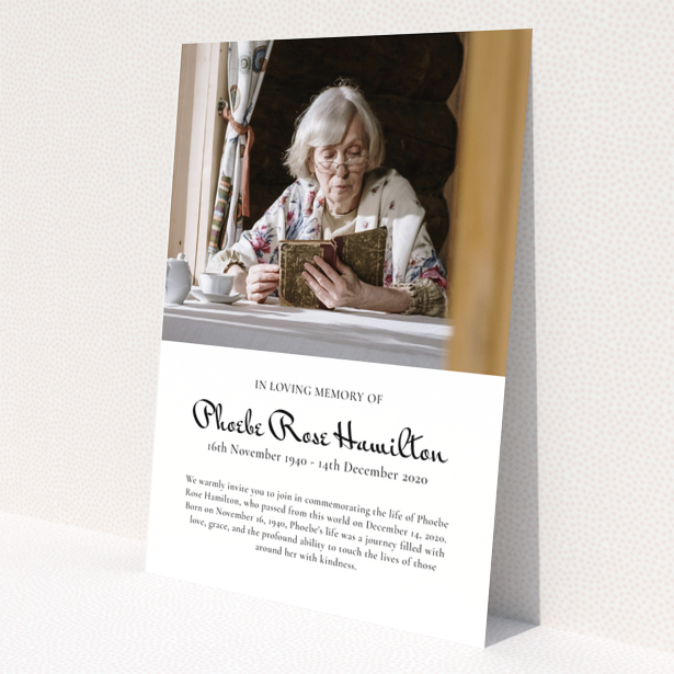 Funeral announcement design with one photo featuring an elderly woman reading a book.