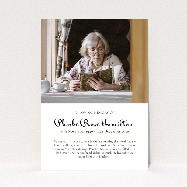 Funeral announcement design with one photo featuring an elderly woman reading a book.