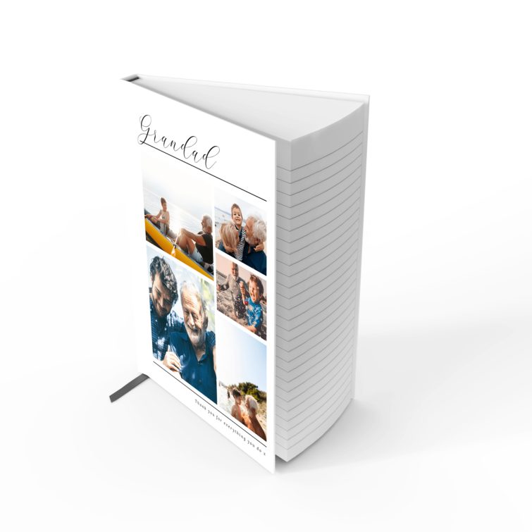 Personalised portrait notebook cover design with six photos featuring family moments.