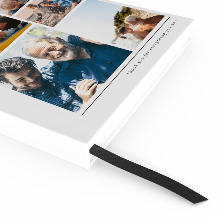 Personalised portrait notebook cover design with six photos featuring family moments.