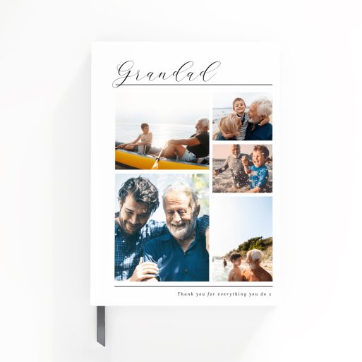 Personalised portrait notebook cover design with six photos featuring family moments.