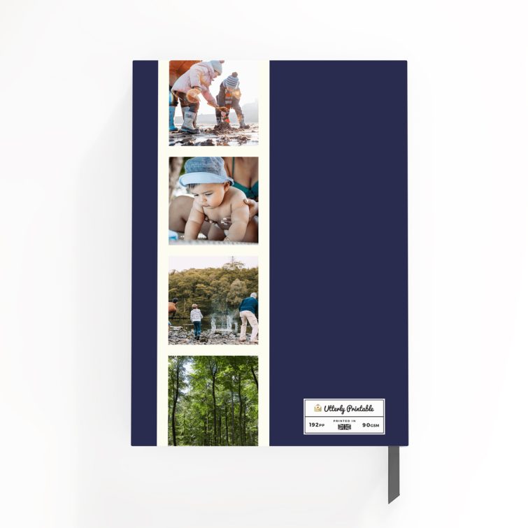 Blue family-themed hardcover notebook design by Utterly Printable featuring six photos on the cover.