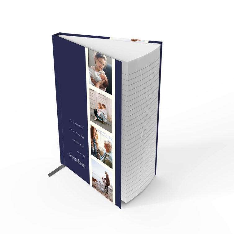 Blue family-themed hardcover notebook design by Utterly Printable featuring six photos on the cover.