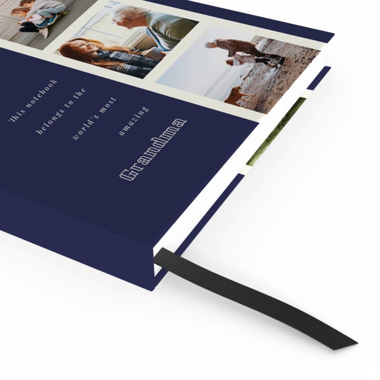 Blue family-themed hardcover notebook design by Utterly Printable featuring six photos on the cover.