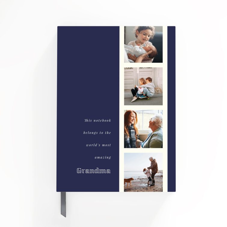 Blue family-themed hardcover notebook design by Utterly Printable featuring six photos on the cover.