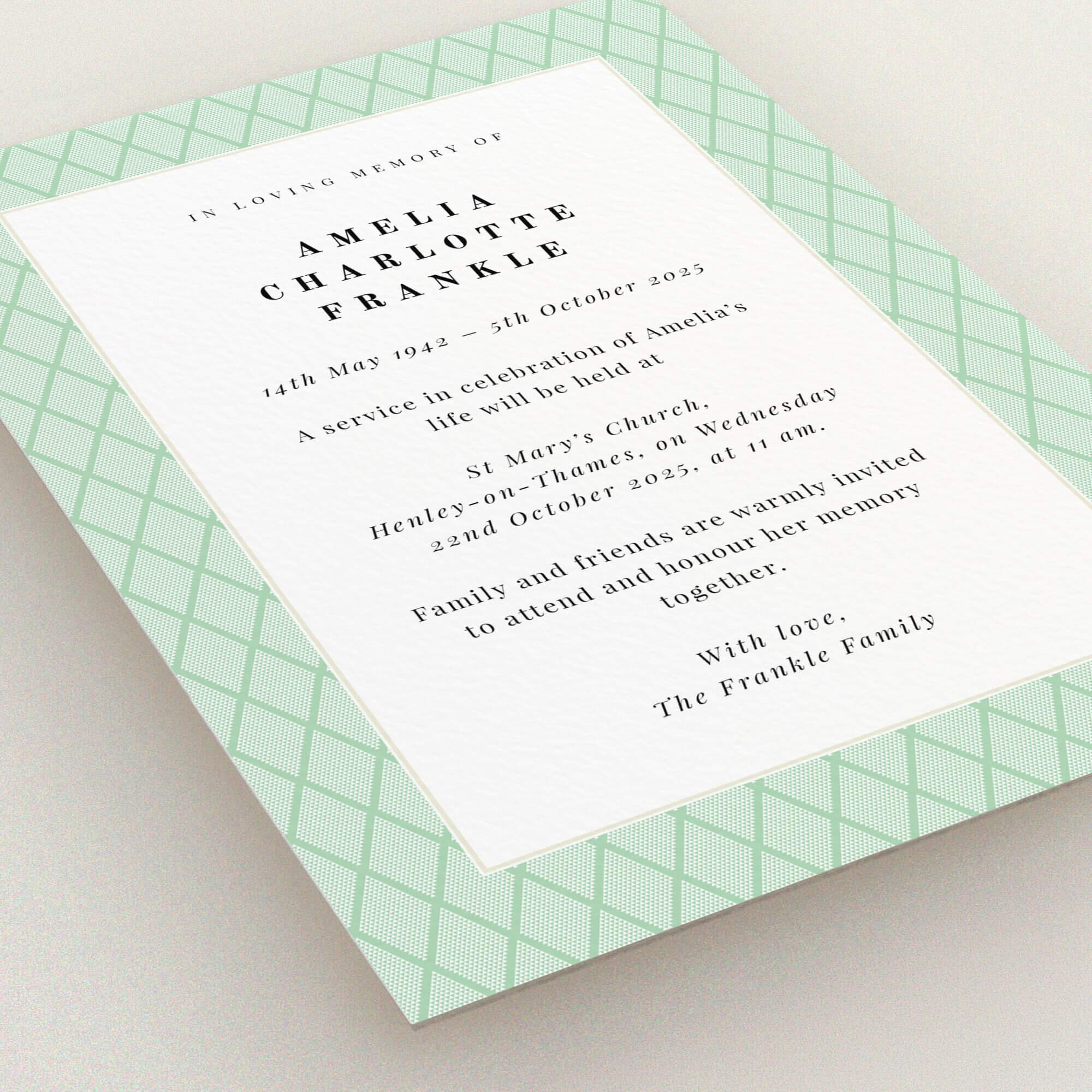 Funeral announcement card design with green patterned background and no photos.