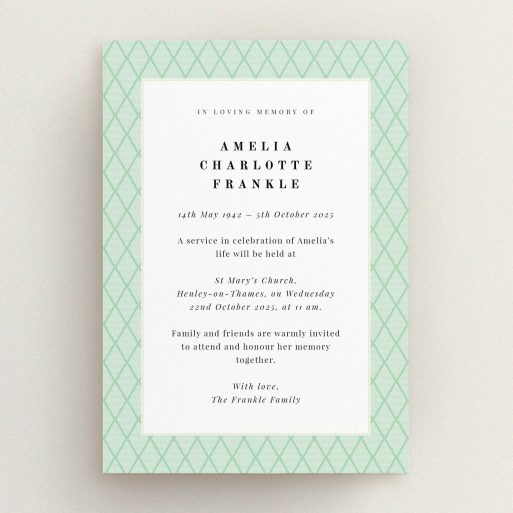Elegant Funeral Announcement Funeral announcement card design with green patterned background and no photos.