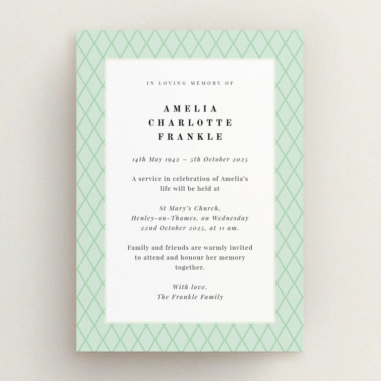 Funeral announcement card design with green patterned background and no photos.