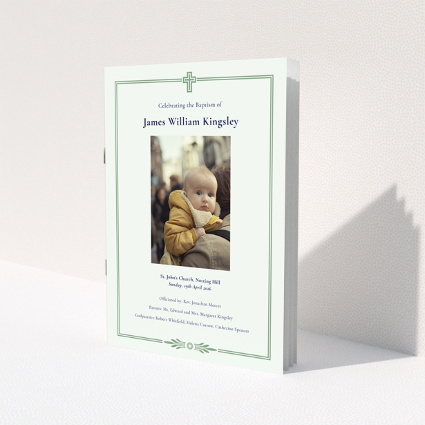 Christening order of service program with green border and single photo of baby.