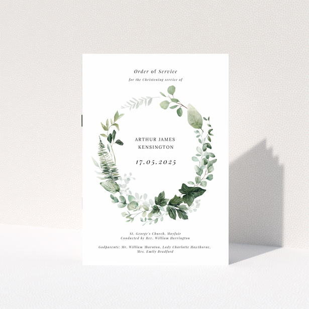 Christening order of service program with floral wreath design and one photo slot