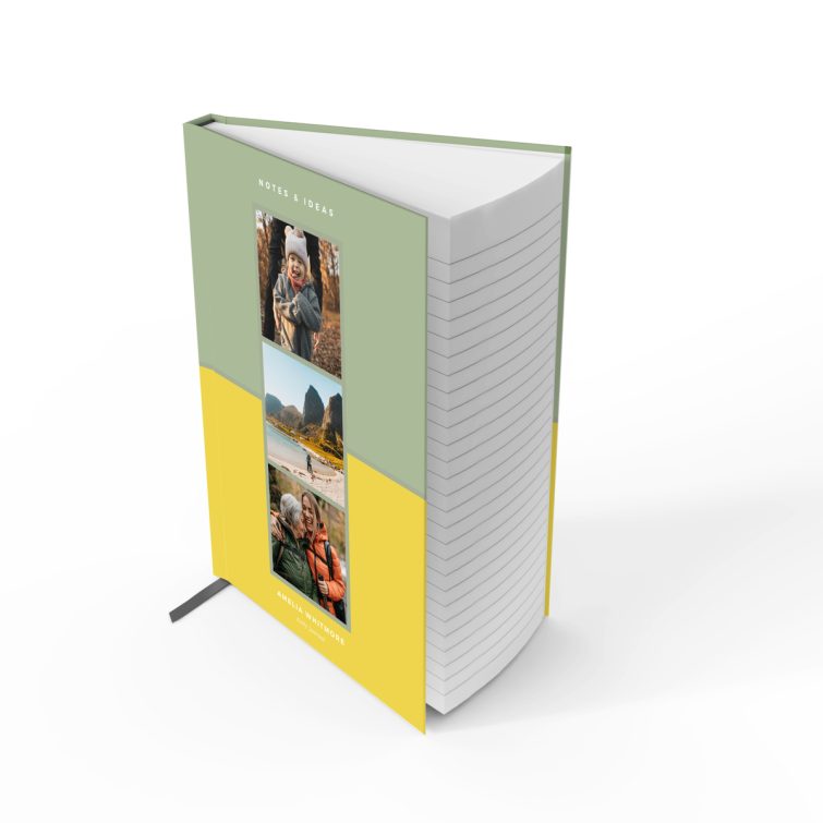 Personalised portrait notebook design with three photos, perfect for capturing notes and ideas.