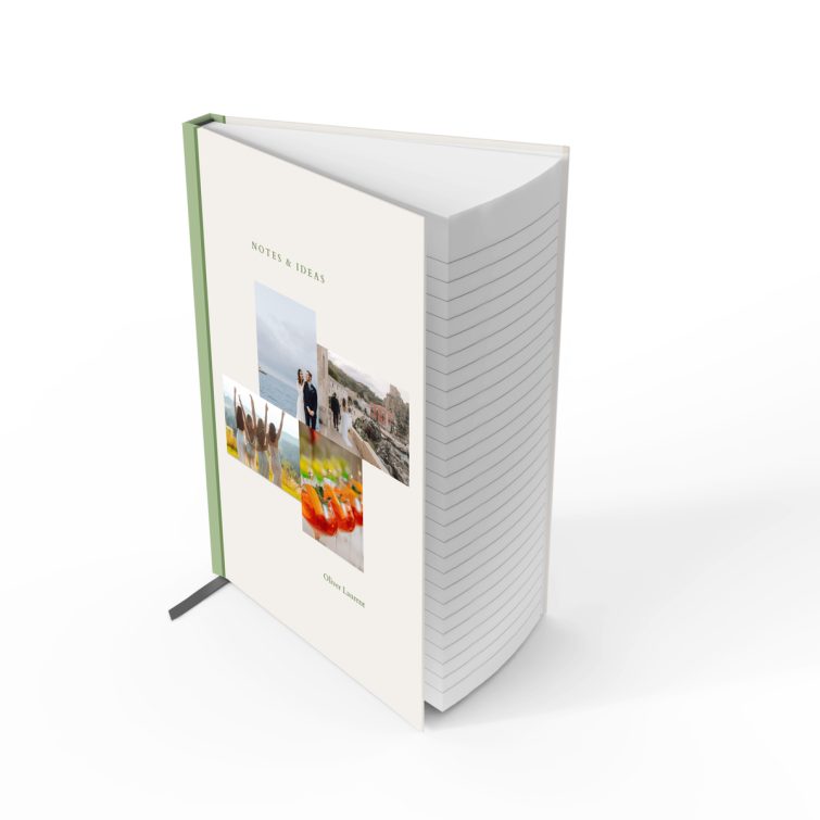 Elegant personalised notebooks with green spine design and 4 photos for stylish note-taking.