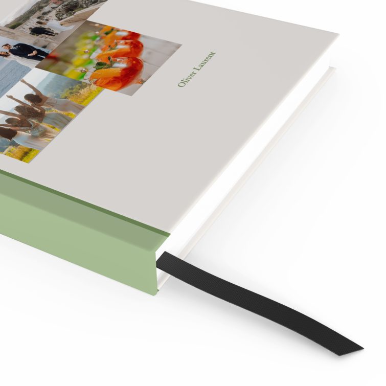 Elegant personalised notebooks with green spine design and 4 photos for stylish note-taking.