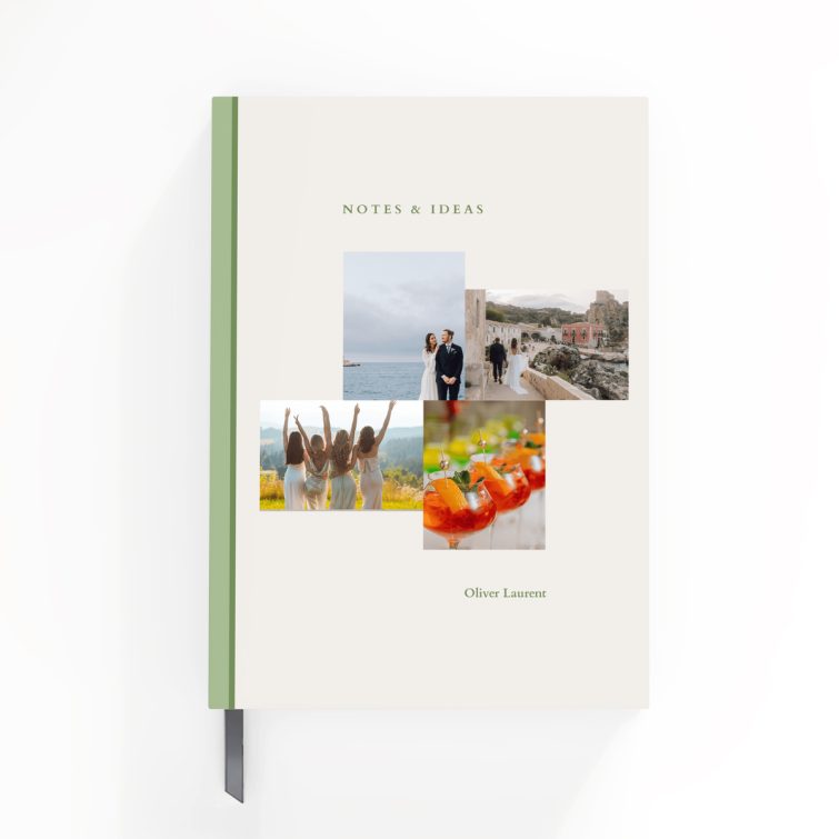 Elegant personalised notebooks with green spine design and 4 photos for stylish note-taking.