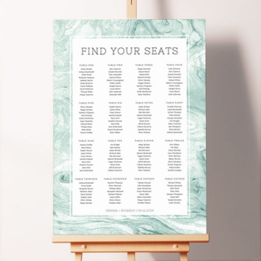 "Green Marble" Seating Plan featuring a striking green marbling design on a white background, adding a touch of contemporary sophistication to your wedding celebration.. This template has 16 tables.