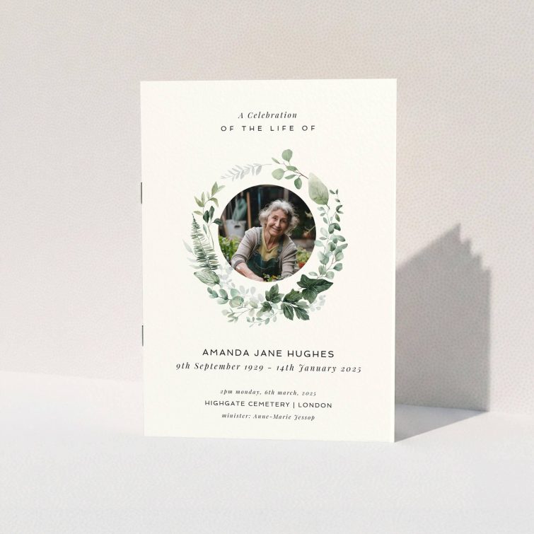 Funeral order of service program design with a floral wreath and one photo placeholder.