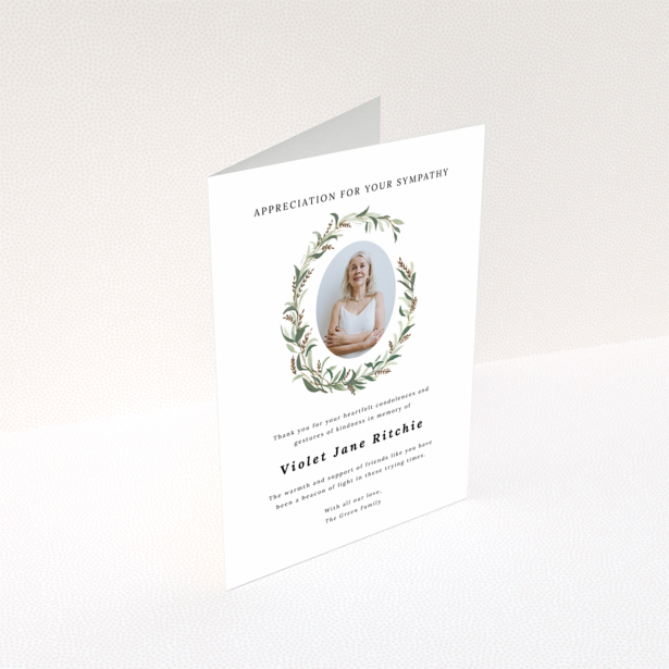 Funeral thank you card design with one photo and floral wreath