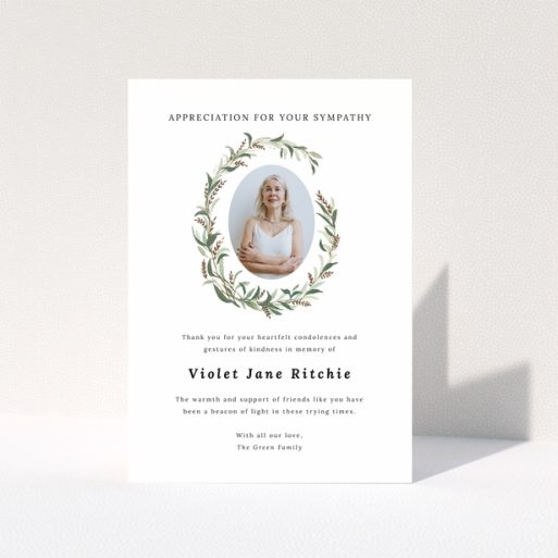 Funeral thank you card design with one photo and floral wreath