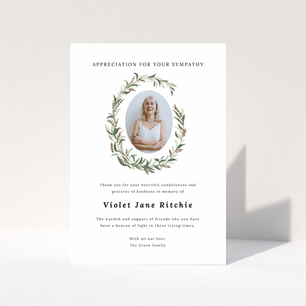 Funeral thank you card design with one photo and floral wreath