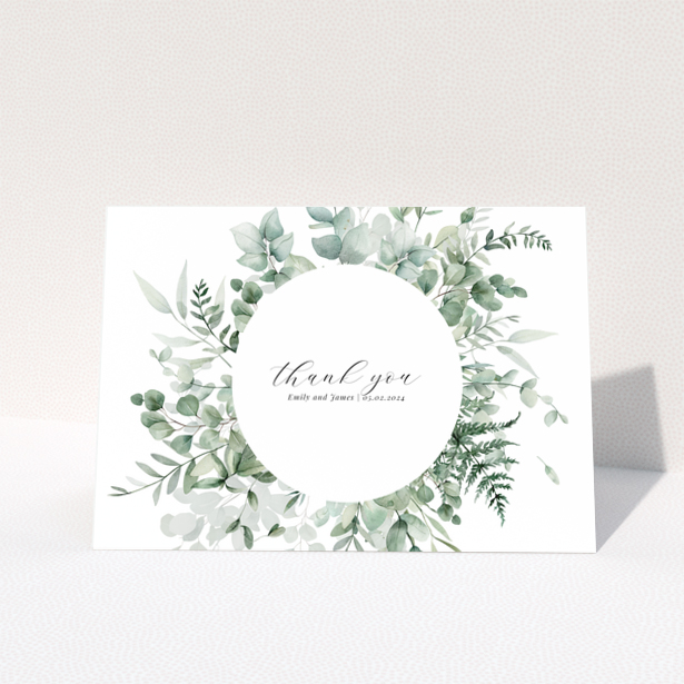 Greenery wedding thank you card design with foliage border and no photos