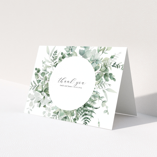 Greenery wedding thank you card design with foliage border and no photos