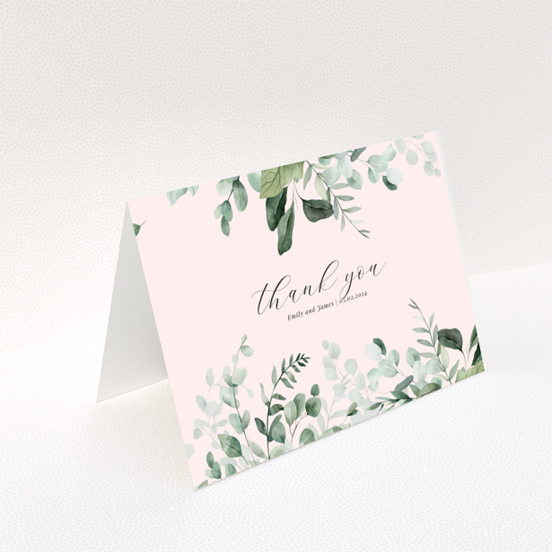 Floral thank you card with leafy design and personalised message.