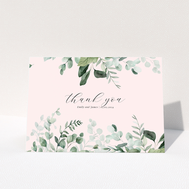 Floral thank you card with leafy design and personalised message.