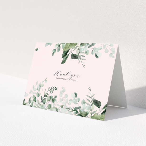 Floral thank you card with leafy design and personalised message.