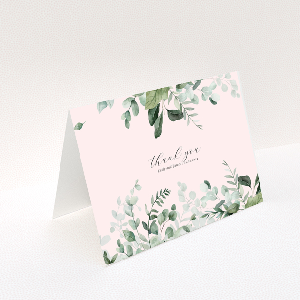 Floral thank you card with leafy design and personalised message.