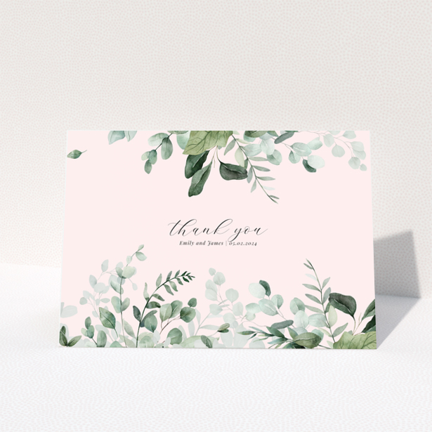 Floral thank you card with leafy design and personalised message.