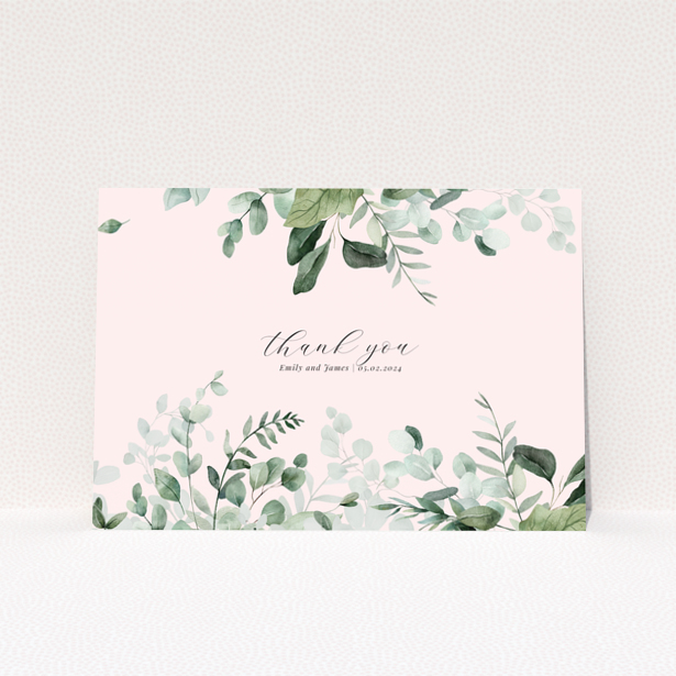 Floral thank you card with leafy design and personalised message.
