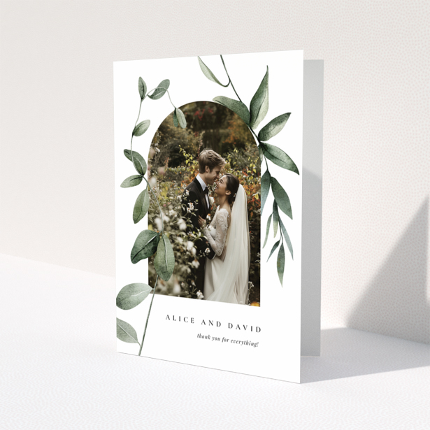 Wedding thank you card with elegant botanical design and one photo