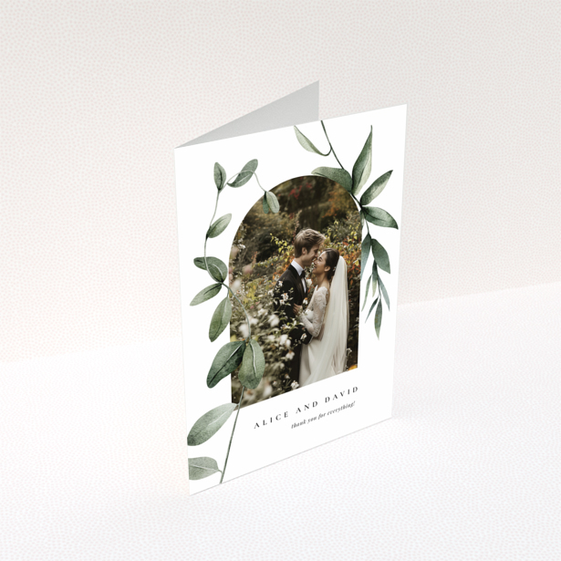 Wedding thank you card with elegant botanical design and one photo