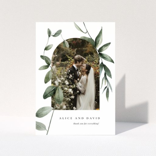 Wedding thank you card with elegant botanical design and one photo