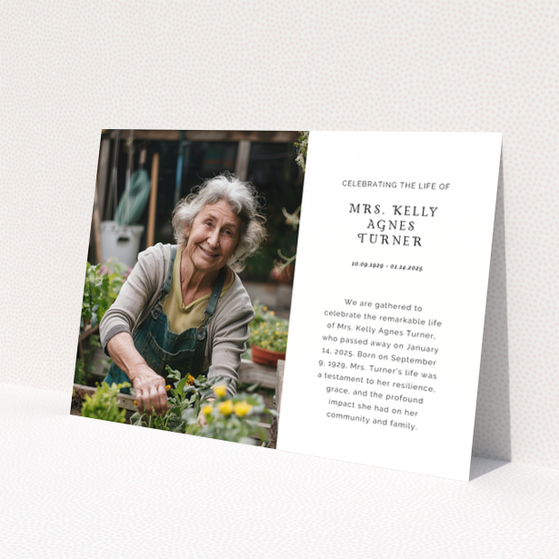 Funeral announcement design with one photo of an elderly woman gardening