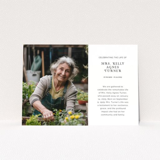 Funeral announcement design with one photo of an elderly woman gardening