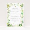 "Greenwich Garden wedding invitation featuring lush greenery and floral illustration in soft watercolour hues, capturing nature's beauty and promising a celebration blooming with love and joyous anticipation.". This is a view of the front