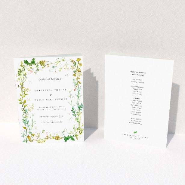 Utterly Printable Greenwich Garden Wedding Order of Service A5 Portrait Booklet - Botanical Frame with Wildflowers and Foliage in Green, Yellow, and Pink Palette. This image shows the front and back sides together