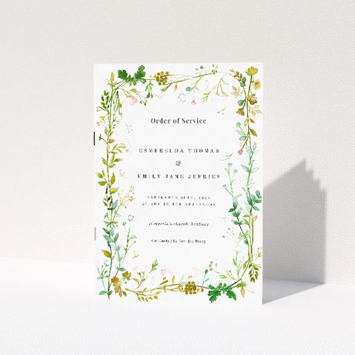 Utterly Printable Greenwich Garden Wedding Order of Service A5 Portrait Booklet - Botanical Frame with Wildflowers and Foliage in Green, Yellow, and Pink Palette. This is a view of the front