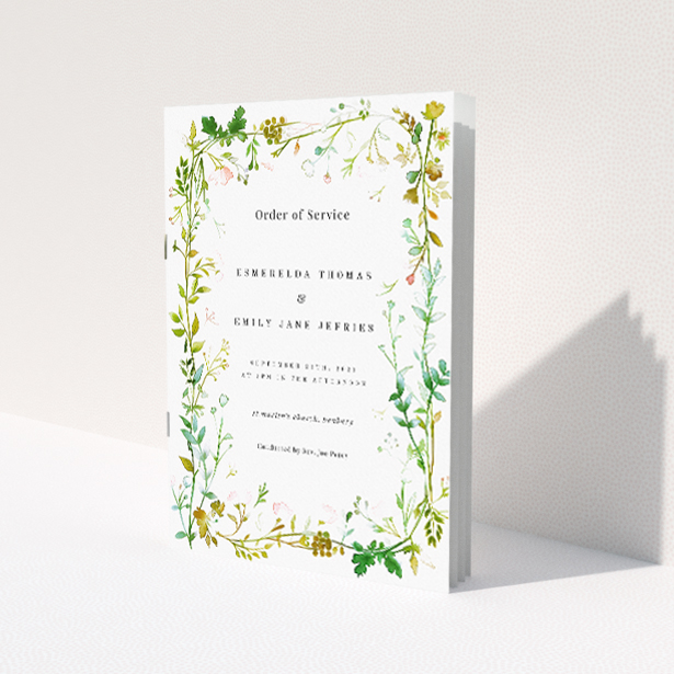 Utterly Printable Greenwich Garden Wedding Order of Service A5 Portrait Booklet - Botanical Frame with Wildflowers and Foliage in Green, Yellow, and Pink Palette. This is a view of the front