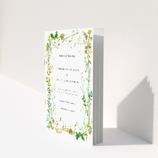 Utterly Printable Greenwich Garden Wedding Order of Service A5 Portrait Booklet - Botanical Frame with Wildflowers and Foliage in Green, Yellow, and Pink Palette. This image shows the front and back sides together