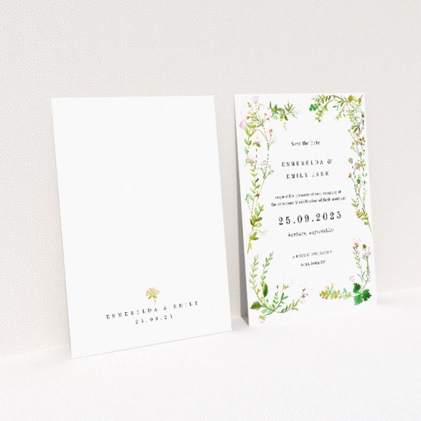 Greenwich Garden wedding save the date card A6 featuring botanical illustrations in greens, pinks, and whites, evoking the essence of a blooming garden. This is a view of the back