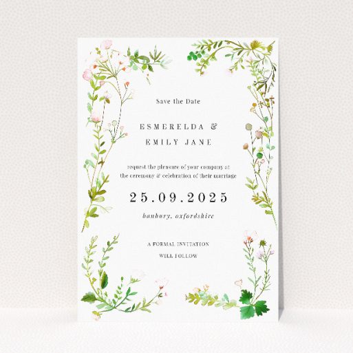 Greenwich Garden wedding save the date card A6 featuring botanical illustrations in greens, pinks, and whites, evoking the essence of a blooming garden. This is a view of the front