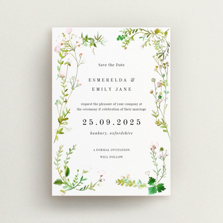 Greenwich Garden wedding save the date card A6 featuring botanical illustrations in greens, pinks, and whites, evoking the essence of a blooming garden. This is a view of the front