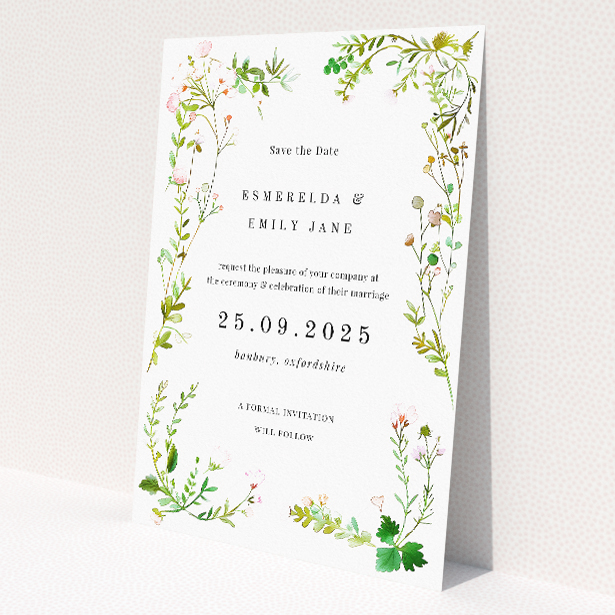 Greenwich Garden wedding save the date card A6 featuring botanical illustrations in greens, pinks, and whites, evoking the essence of a blooming garden. This is a view of the back