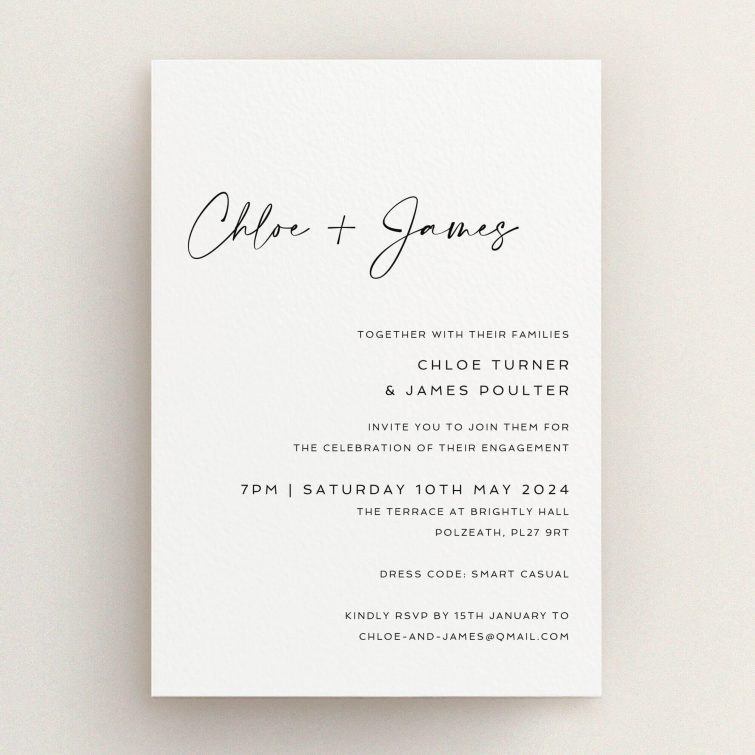 Minimalist black and white engagement party invitations with modern script font, no photos.