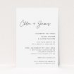 "Hanover Elegance wedding invitation featuring contemporary chic with clean white background and classic black text, showcasing elegant script for couple's names and modern sans-serif font for event details, embodying sophistication and refined grace.". This is a view of the front